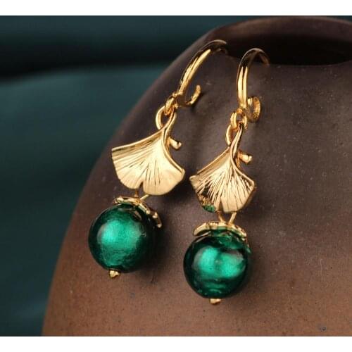 NEW fashion Vintage flower Handmade glaze Cloisonne green Handmade earring Ginkgo leaf earrings Original Jewelry for women gift