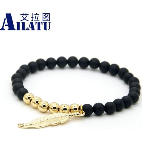 Ailatu New Design Jewelry Wholesale 6mm Natural Matte Onyx Stone Advanced Plated Leaf Charms Lucky Bracelets