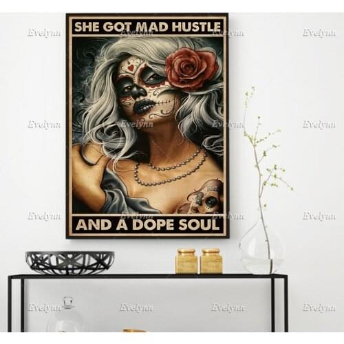 Sugar Skull Girl Poster Tattooist Tattoo Tattooed Girl She Got Mad Hustle And A Dope SoulPrints Home Decor Canvas FloatingFrame