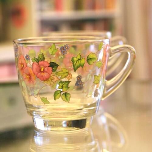 8x7.8cm morning glory pattern transparent thickened Heat-resistant handle glass cup cold water glass juice cup tea cup milk cup