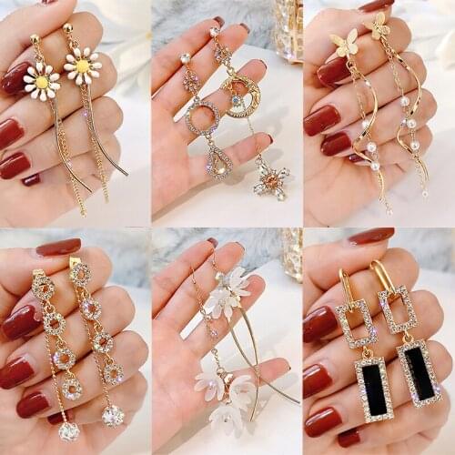 Rectangle Rhinestone Earrings White Flower Round Butterfly Eardrop Golden Flowers Drop Earrings Girl Gifts Women For Friends