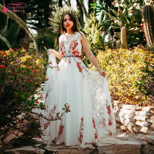 Colorfull Lace Emboridery Wedding Dresses Tulle Bohemian A Line Bridal Gowns ZW486