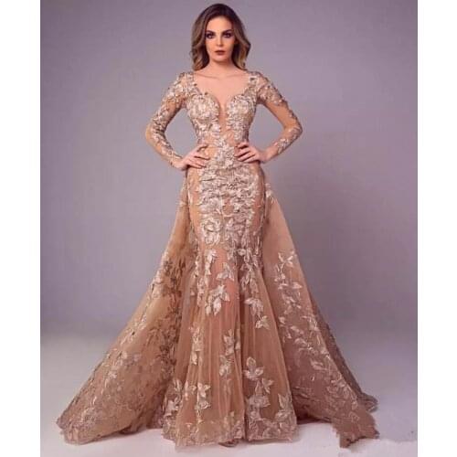 Champagne Evening Dresses Mermaid Sweetheart Long Sleeves Tulle Appliques Dubai Saudi Arabia Long Prom Dress Gown Robe De Soiree