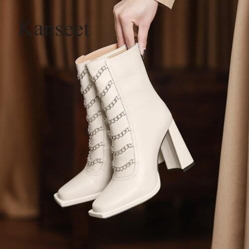 Kanseet High Heel Short Boots For Women Winter New Square Toe Chain Decoration Cow Leather High Quality Zip Ankle Boots Beige 40