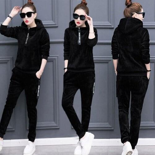 Women Tracksuit Sportswear Winter Gold Velvet Fleece Sweatshirt Hoodie+pants Casual Leisure Running Jogger Set Sporting Suit