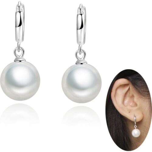 10mm Shell Pearl Ball Huggie Hoop Earrings 925 Sterling Silver Small Hinged Hoop Earrings For Women Girlfriend