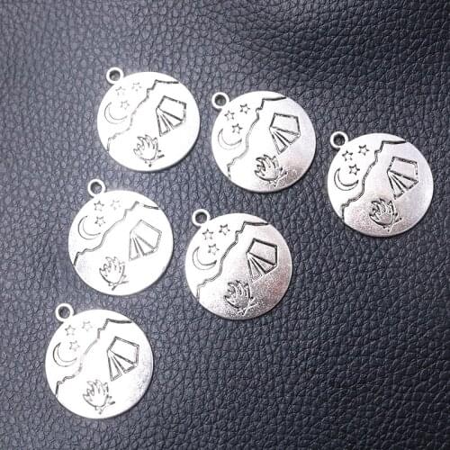 6pcs/lot Silver Plated Round Camping Style Charm Metal Pendants DIY Necklaces Bracelets Jewelry Handicraft Accessories 29*25mm