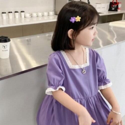 2021 children clothing vitality girl wind princess skirt square neck Lace flower edge bubble sleeve dress