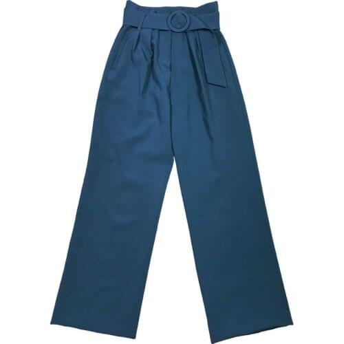 Elfbop Blue High Waist Long Pants Features Belted Waist - Newest Women Stylish Long Trousers