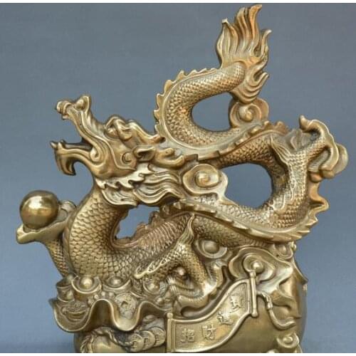 Chinese fengshui old Bronze carve Fortune dragon bring in wealth yuanbao statue