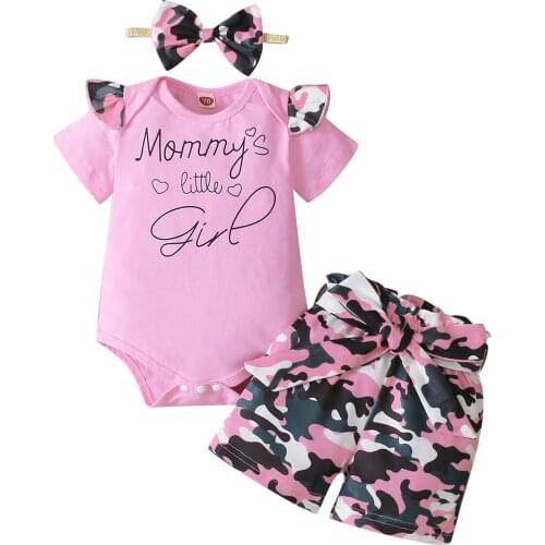 OPPERIAYA 3Pc Baby Girls Outfit Summer Fly Sleeve Round Collar Mommys Little Girl Bodysuit Camouflage Print Shorts Bow Headwear