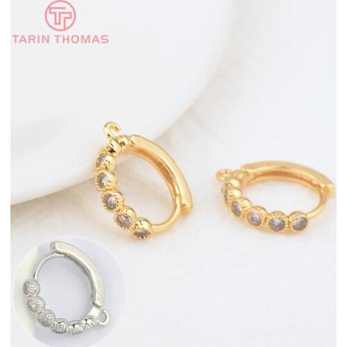 6PCS 13.5MM Hole 1.5MM 24K Gold Color Brass with Zircon Round Earring Hoop High Quality DIY Jewelry Making Findings
