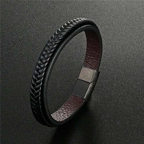 2019 New Double Layer Width Braided Leather Men Bracelets 316L Stainless Steel Bangles Charms Cuff Bracelets Trendy Male Jewelry