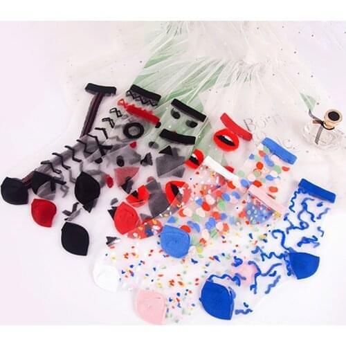 Q 1Pair Wavy Pattern Mid Tube Harajuku Breathable Transparent Glass Silk Retro Korean Socks for Women Net Yarn Ankle Sock