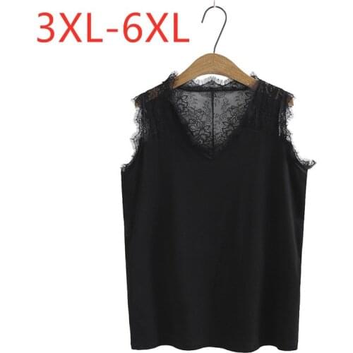 New 2021 Ladies Summer Plus Size Tank Tops For Women Large Sleeveless Slim Cotton Black Elastic Lace V-neck Vest 3XL 4XL 5XL 6XL