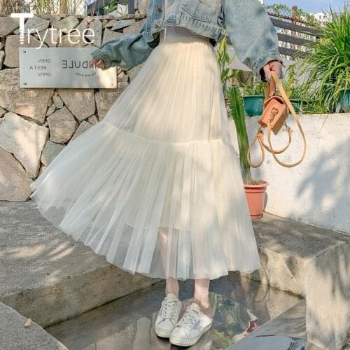 Trytree 2020 Autumn Winter Skirt Womens Casual Elastic Waist Mesh Pleated Skirt Fashion Mid-Calf All-Purpose Style Female Skirt