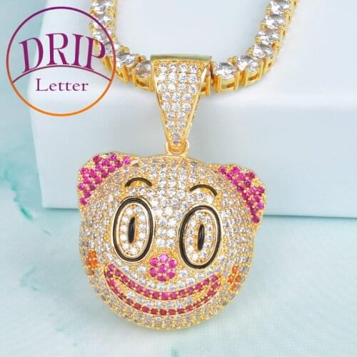 Round Face Clown Pendant Necklace Pink Color Cubic Zircon Tennis Chain Charm Mens Women Hip Hop Rock Jewelry