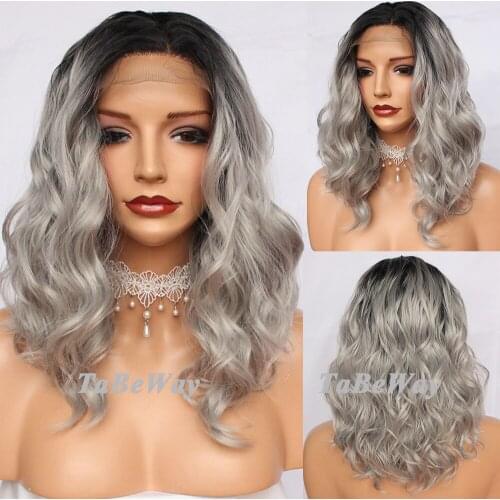 TaBeWay Short Bob Wave Lace Front Wigs Grey Color Wig Heat Resistant Glueless Short Wavy Synthetic Lace Front Wigs for Women