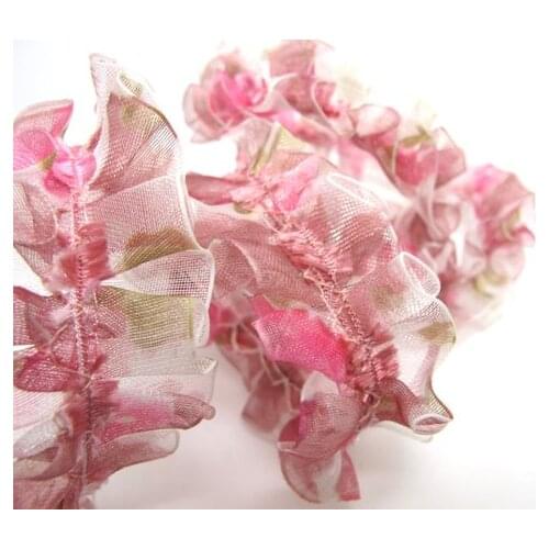 Pleated Trim|w Rococo Flower Trim|1 1/8 Inches Pleated Ombre Printed Chiffon Trim|Organza Chiffon Trim|Retro Handmade Supplies