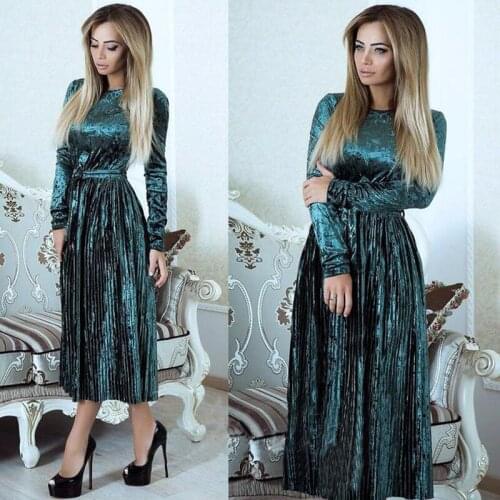 Pleated Maxi Dress New Arrival Spring Autumn Female Long Sleeve Casual Maxi Dress Solid Color Gold Velvet Long Dresses Vestidos