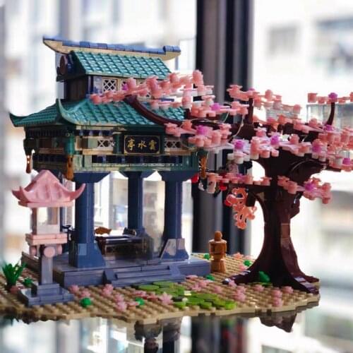 SEMBO Diy Street Scene Japanese-style Cherry Blossom Building Block Pavilion Model Brick Educational Toys Girls Gifts With LED