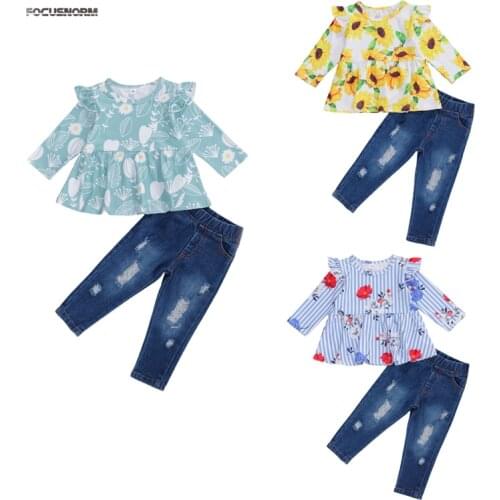 FOCUSNORM1-5Y Autumn Kids Girls Clothes Sets Flowers Ruffles Long Sleeve Tops Denim Pants 2pcs