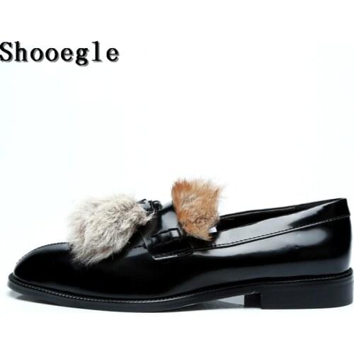 SHOOEGLE Men Luxury Customized Furry Hair Shoes Autumn Fashion Fur Slip-on Loafers Smoking Casual Shoes Man Party Dress Shoes