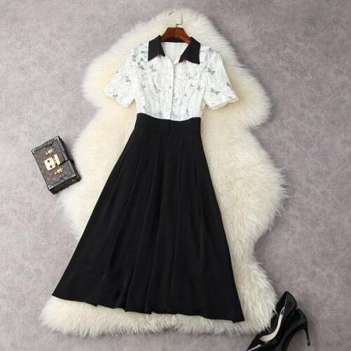 European and American womens wear for summer 2021 Short sleeve lapel Sequins splicing Fashion black and white dress