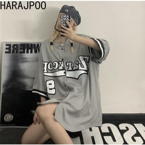 Harajpoo Women Shirts Retro Short-sleeved Korean Ins High Street Letter Printing Couple Wild Cardigan Baseball Uniform Blouses