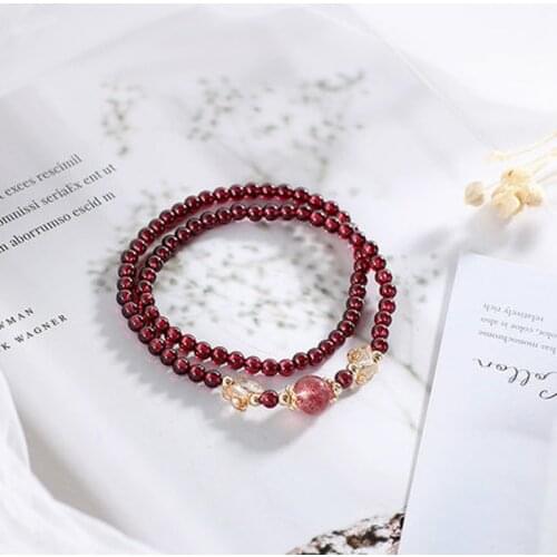 14k Gold Filled Double Circle Butterfly Wine Red Natural Garnet Strawberry Crystal Beaded Bracelets Women Fashion Jewelry YBR463