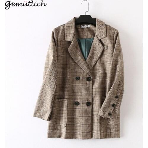 2019 GEMUTLICH Women Plaid Suit Blazers Double Breasted Jacket Spring Outwear Plus Size XL-5XL for weight 100KG