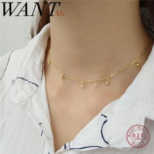WANTME Genuine 925 Sterling Silver Korean Golden Beads Pendant Short Chain Choker Necklace for Fashion Women Mini Design Jewelry