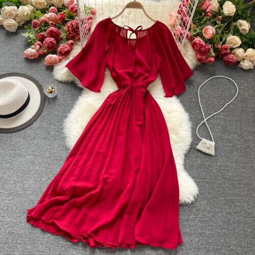 Vintage Women Chiffon Pleated Dress Summer Short Sleeve High Waist Green/Red Round Neck Draped Vestidos Female Casual Clothes