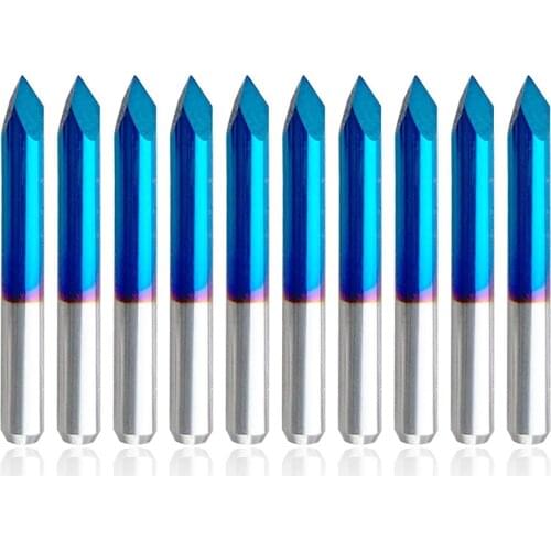 10Pcs Triangular CNC Router Bits V-Bit 60 Degree 0.1Mm Engraving Bits 1/8inch Shank Blue Coating Sharp Pyramid Bits