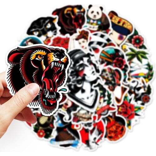 50Pcs Retro Color Tattoos Style Stickers Goth Punk Style Graffiti Sticker Refrigerator Skateboard Trolley Case Guitar Decals Toy