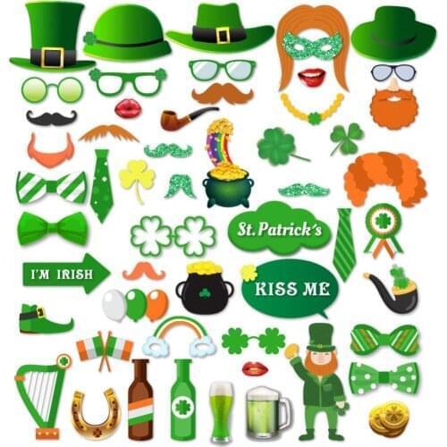 55pcs St Patricks Day Party Decoration Photobooth Props Green Top Hat Shamrocks Paper Cards Ireland Party Supplies