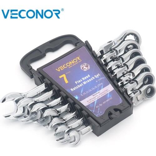 VECONOR 7pcs Combination Wrench Set 8-17mm size Fully Polish 72T Ratchet Flexible Head and Open-end Spanner CRV Steel