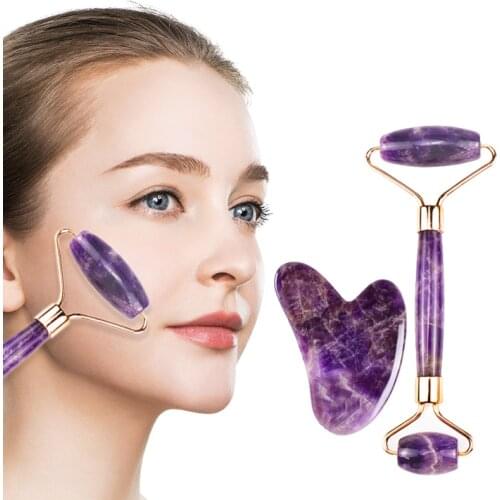 Amethyst Face Massage Roller Gua Sha Massager Natural Stone Jade Anti Wrinkle Facial Beauty Thin Lift Relax Slimming Tools