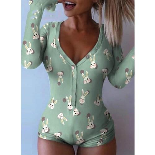 Rabbit V-neck Cute Long Sleeve Bodycon Bodysuit for Women 2020 Fall Winter Sexy Spandex Jumpsuits Ladies Lovely Romper Clothes