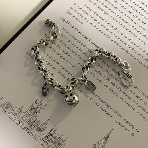 925 Sterling Silver Smiling Face Ball Thick Chain Bracelet Female Unique Design Thai Silver Retro Temperament Fashion Jewelry
