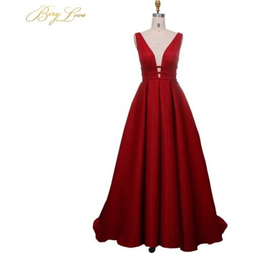 New Shining Burgundy Evening Dress 2020 Sexy V Neck Long Puffy A line Sparkle Formal Prom Gown Open Back Vestido robe de soiree