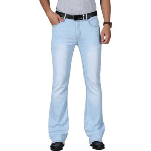 2021 Summer Thin Micro Flared Jeans Of Men Boot Cut Denim Pants Mid Waist Elasticity Breathable Male Fashion Light Blue Trousers