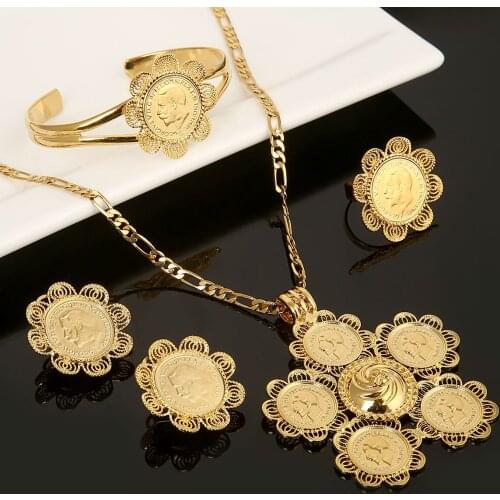 Ethiopian Women Men Gold Color Jewelry Africa Coin Cross Eritrea Habesha Coin Jewelry Set