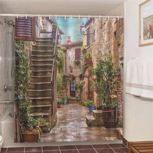 European Old Buildings Shower Curtains Courtyard Potted Plant Background Wall Screen Home Decor Bathroom Waterproof Curtains Hot