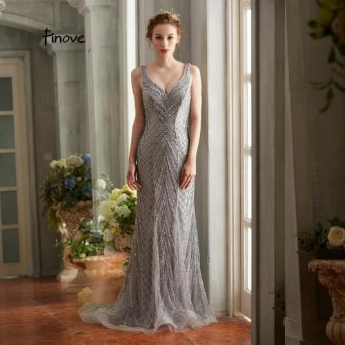 Finove 2020 Evening Dresses New Design Tulle With Beading Sexy V Neck Backless Long Floor Length Party Mermaid Dress For Women