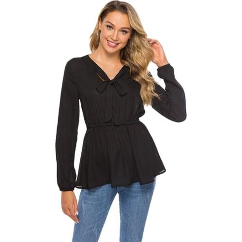 Summer Women T Shirt High Waist Fashion V Neck Lace Up Tie Tops Chiffon Office Lady Solid Color Long Sleeve T Shirts