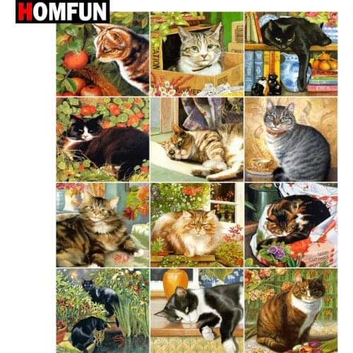 HOMFUN Paint With Diamond Embroidery "Balcony cat animals" Diamond Painting Full Square Round Picture Of Rhinestone Decor