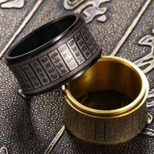 Chinese "Tao" Mens Cabochon Spinner Carved Rune Cool Gentleman Buddha Anxiety Fidget Ring Rotatable Never Fade Rings For Men