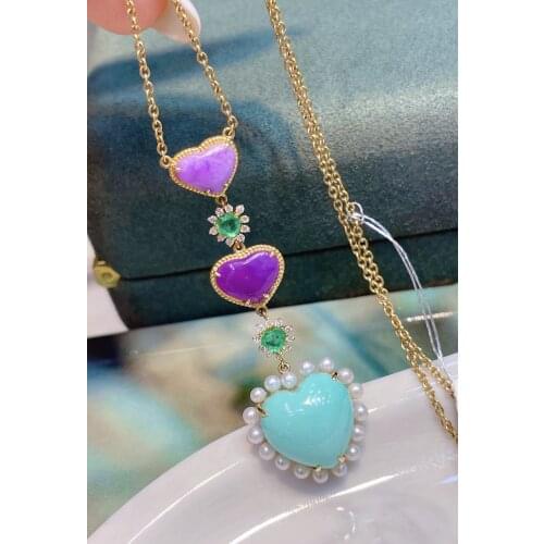 LR Fine Jewelry Pure 18K Gold Jewelry AU750 Natural Green Emerald Turquoise Sugilite Gemstones Pendants Fine Necklace