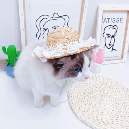 Fashion Pet Woven Straw Hat Cute Cat Puppy Sun Hat Sombrero Beach Party Lace Hats Dogs Hawaii Style Hat Costume Accessories